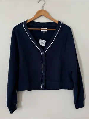 American Eagle Navy Cropped Cardigan Sweater White Trim Button Front Preppy S thumbnail 8