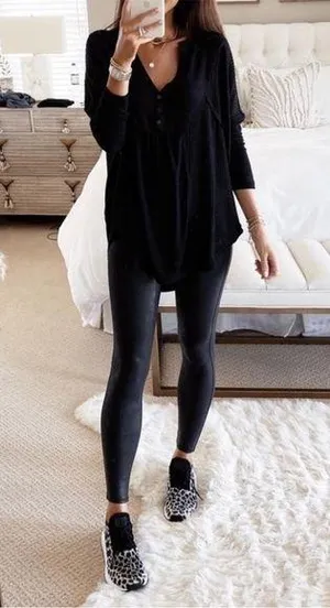 Free People Leo OverSized boxy waffle knit Henley Top long sleeve Black S thumbnail 1