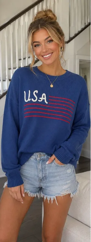 Le Lis USA Flag Knit Sweater Navy Red White Patriotic Pullover NWT thumbnail 1