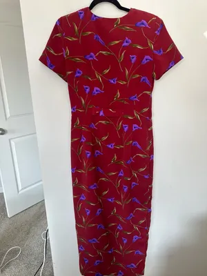 Maggy London Vintage 90s Red Floral Calla Lily Button Front Midi Dress Size 4 thumbnail 4