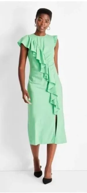 Future Collective NWT Women's Flutter Asymmetrical Ruffle Midi Dress Green S thumbnail 1