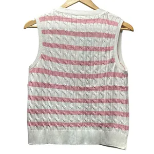 Wiholl cable knit sleeveless sweater. Pink on ivory stripes. Size Small thumbnail 3