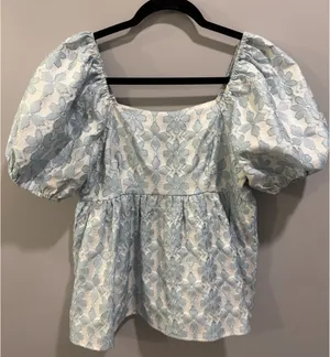 Entro Puff Sleeve Floral Lace Detail Square Neck Blouse Blue thumbnail 2
