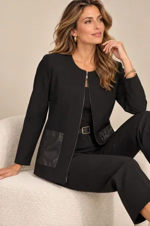 Doncaster Collection Black Zipper Front Leather Trim Jacket thumbnail 1
