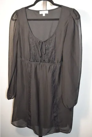 As You Wish Size L Black Sheer Chiffon Lace Tie Front Babydoll Dress Romantic Goth thumbnail 1