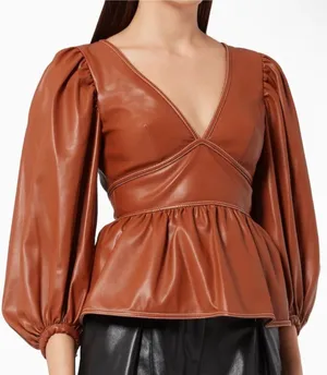 Staud Luna Vegan Leather Peplum Top - Whisky Brown thumbnail 1