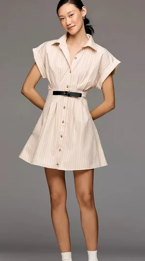 Anthropologie Maeve Faye Shirtdress Womens M Honey Tan Striped Belted Mini thumbnail 1