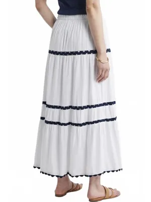 Caslon Rickrack Trim Linen Blend Tiered Maxi Skirt NWT White Navy Large thumbnail 2