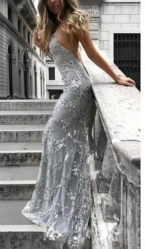 NWT ~ Gray Silver Sequins Mesh Halter V-Neck Backless Lace Up Gown Dress ~ SMALL thumbnail 4