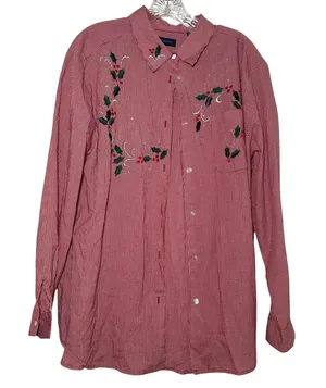 Karen Scott Womens XL Red Gingham Embroidered Holly Christmas Button Down Shirt thumbnail 1