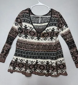 Free People Marled Knit Sweater Tunic in Black, Cream & Brown wool blend thumbnail 1