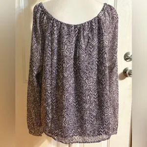 LOFT Purple & White Floral V-Neck Long Sheer Sleeve Blouse thumbnail 4
