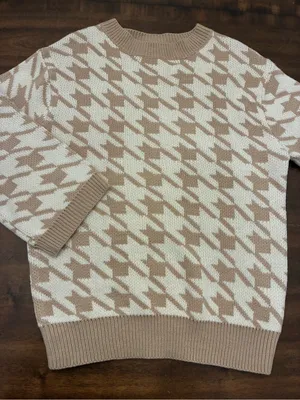 Princess Polly Sweater Women’s Medium Large Houndstooth Tan White thumbnail 1