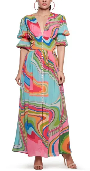 Red Dress Boutique Colorful maxi midi dress puff sleeve vneck button down swirl print thumbnail 1