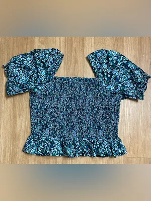 J. Crew Teal and Black Floral Smocked Peplum Blouse thumbnail 2