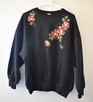 XL- Hand Painted Floral Black Women's Crewneck Australian Vintage Sweater‎ thumbnail 1