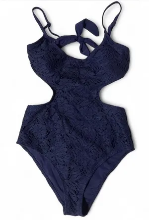 Aerie Crochet Scoop One-Piece Cut Out Cheeky Swimsuit Navy Blue Size Large thumbnail 1