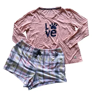 Life is Good Pajama Set Womens Large Pink Plaid Love Paw Print Loungewear Preppy thumbnail 1