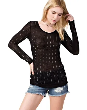 Vocal Black Rhinestone Studded Long Sleeve Knit Top Small Style Y2K USA Made thumbnail 1