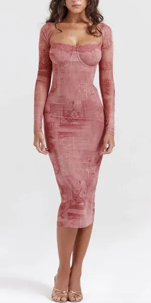 Corset Mesh Midi Dress, pink retro print, fitted long sleeves, lace up back thumbnail 1