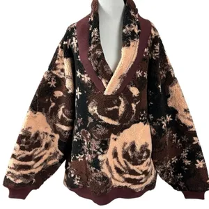 Free People Bohemian XL Rosie Oversized Floral Sherpa Jacket Pullover Brown Fall thumbnail 6
