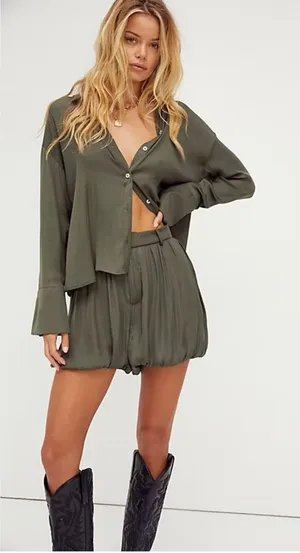 Free People Olive Green Relaxed Bubble Hem Shorts thumbnail 1