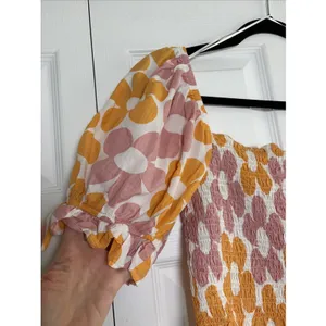 Jacquie The Label Smocked Crop Top Womens M Orange Pink Floral Puff Sleeve M thumbnail 2