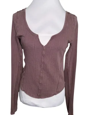 Free People We The Free Jamie Ribbed Henley Top Long Sleeve Mink Purple LARGE thumbnail 2