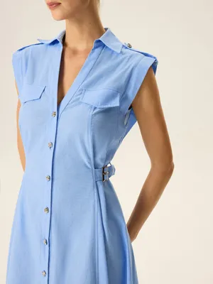 Commence Linen & Cotton V-Neck Midi Dress with Metal Button small thumbnail 3