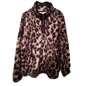 Cozy Sherpa Womens Leopard Print Fuzzy Fleece Pullover Half Zip Women Jacket XXL thumbnail 2