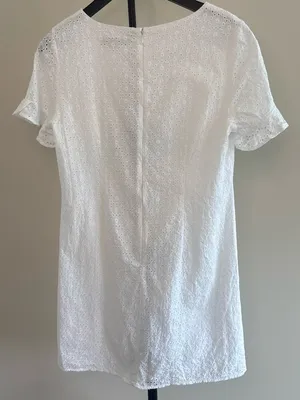 LOFT 100% Cotton White Eyelet V-Neck Dress thumbnail 3
