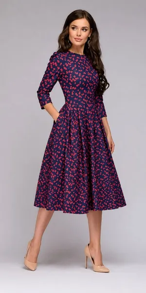 Navy Red Floral Fit & Flare Midi Dress XXL 3/4 Sleeve Pockets Plus thumbnail 1