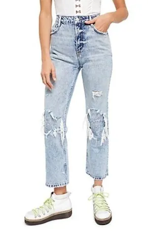 FREE PEOPLE Women's Destroyed Light Denim Pants | US 28 thumbnail 1