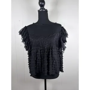 Maeve Anthropologie Black Ruffled Tulle Lace Blouse Sheer Polka Dot Mesh Top L thumbnail 2