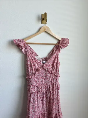Petal + Pup Aspa Floral Tiered Midi Dress Pink Ruffle Tie Back Cotton Size 4 thumbnail 3