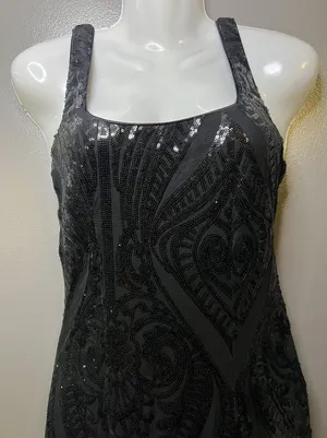 Lulus Dress Womens XS Black Sequin Square Neck Maxi Side Slit Evening Gown thumbnail 1