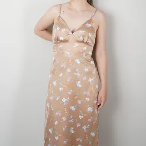 Pink Rose Floral Midi Dress Slit Side Open Tie Bow Back Spaghetti Strap Spring L thumbnail 7