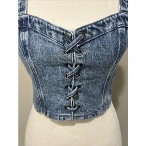 Social Tourist Abercrombie Denim Lace Up Cropped Corset Top Sz M Women’s thumbnail 3