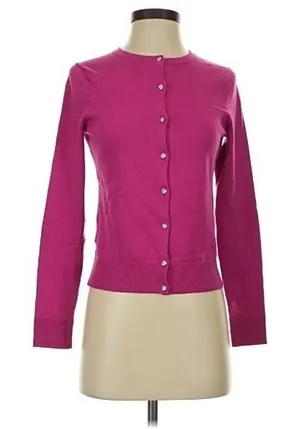 Loft Women's Sz XS Cardigan Sweater Crewneck Magenta Pink Jeweled Buttons Cotton thumbnail 1