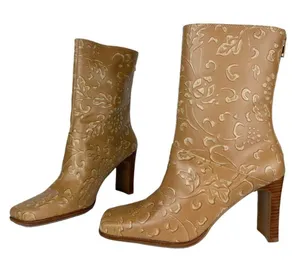 NEW Y2K Amanda Smith Leather Square Toe Heeled Boots Sz 6.5 Tan Floral thumbnail 2