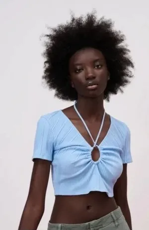 ZARA Blue Ribbed Drawstring Cut Out Cropped Top ~ Women's Shirt Size MEDIUM thumbnail 1