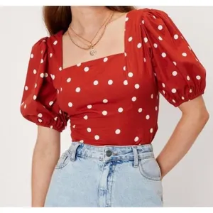 Nasty Gal Rust Red Polka Dot Puff Sleeve Square Neck Crop Top Size S NEW thumbnail 1