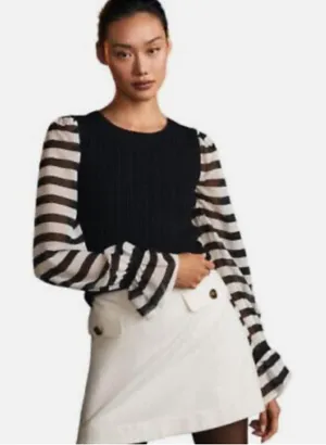 Anthropologie MAEVE‎ Contrast Sleeve Cable Knit Sweater Black White Stripe Size XXS thumbnail 1