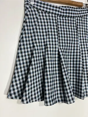 Free People Honey Blue Multi Gingham Pleated Skater Mini Skirt size 8 thumbnail 3