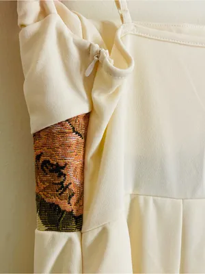 Floral Tapestry Waist Wide Leg Cream Jumpsuit Draped Neck Size M thumbnail 7