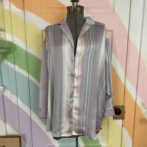 Free People Dreamy Days Satin Oversized Pastel Stripe Pajama Shirt Top XS 💛🎀 thumbnail 3