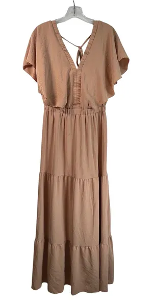 Simplee Peach Tiered Maxi Dress V-Neck Flutter Sleeve Boho Romantic Small thumbnail 1