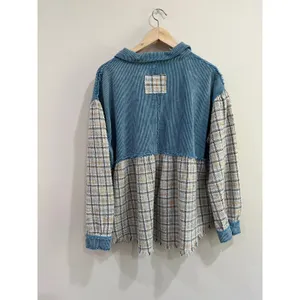 POL Plaid Corduroy Shacket‎ Raw Hem Boho Oversized Button Down Size L thumbnail 2