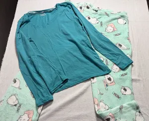Joe Boxer Women's Pajama Set XL Teal Long Sleeve Top Mint Green Cat Fleece Pants thumbnail 1