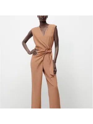 Zara Sleeveless V-Neck Jumpsuit with Side Knot in Camel Brown thumbnail 2